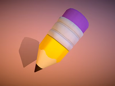 3D Rendered Pencil with Purple Cap Yellow Body White Rings Black Tip on Gradient Background 3d model