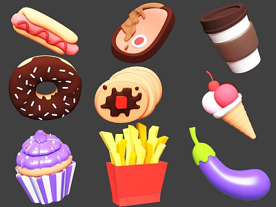 Assorted Tasty Foods Featuring Hot Dog Chocolate Donut Cupcake Fries Ice Cream Cone And Coffee 3d model