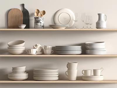 Neatly Arranged Kitchen Appliances With Ceramic Dishes On Wooden Shelves 3d model