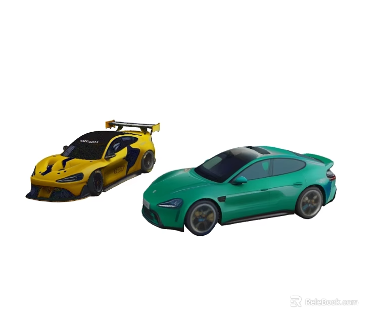 Yellow And Green Sports Cars With Spoiler And Sleek Aerodynamic Design 3d model 