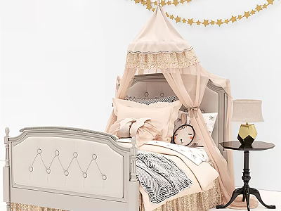 Gray Kids Bed With Pink Canopy Lace Decor Star Garland And Pillows 3d model
