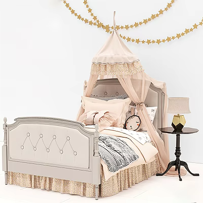Gray Kids Bed With Pink Canopy Lace Decor Star Garland And Pillows 3d model