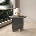 Gray Round Side Table with Lamp by Window with Blinds and Green Trees 3d model