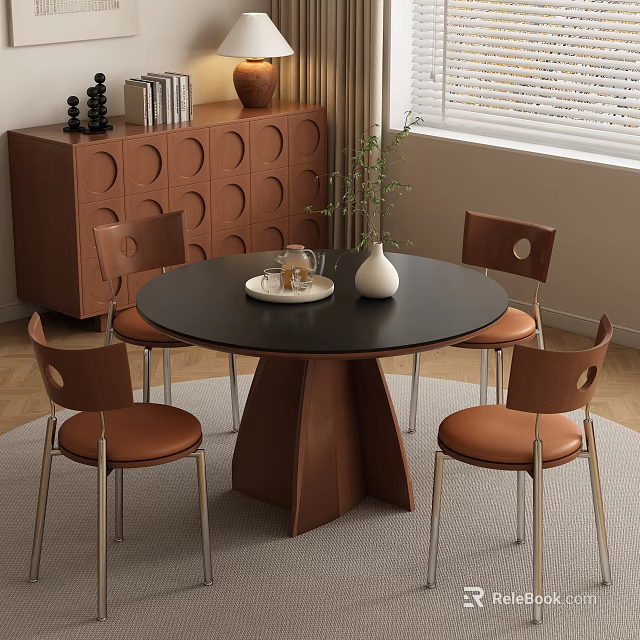 Modern Dining Room Featuring Round Black Tabletop Wooden Base Brown Chairs And Circular Pattern Cabinet 3d model 