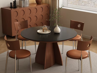 Modern Dining Room Featuring Round Black Tabletop Wooden Base Brown Chairs And Circular Pattern Cabinet 3d model