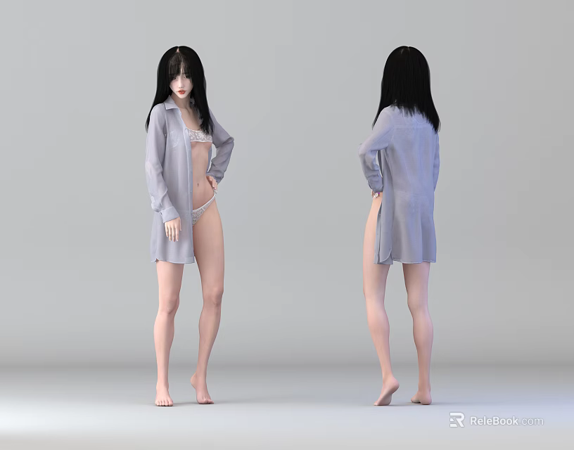 Woman With Black Long Hair In Light Blue Shirt Barefoot Front Back View Gray Background 3d model 