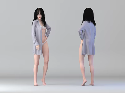 Woman With Black Long Hair In Light Blue Shirt Barefoot Front Back View Gray Background 3d model