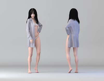 Woman With Black Long Hair In Light Blue Shirt Barefoot Front Back View Gray Background 3d model