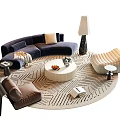 Modern Curved Blue Sofa and Round Coffee Table Set With Geometric Rug and Accent Chairs