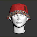 Stylish Red Hat with Colorful Patterned Brim and Leather Patch Design