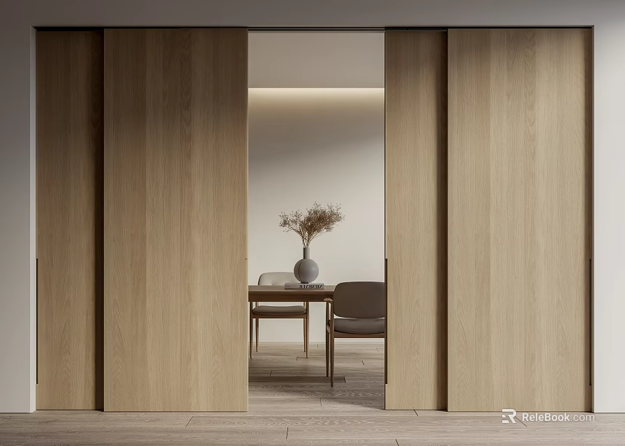 Modern Wooden Sliding Doors Revealing Elegant Dining Area With Table Chairs And Vase 3d model 