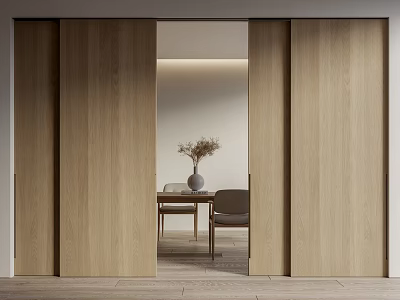 Modern Wooden Sliding Doors Revealing Elegant Dining Area With Table Chairs And Vase 3d model