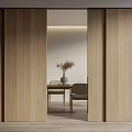 Modern Wooden Sliding Doors Revealing Elegant Dining Area With Table Chairs And Vase