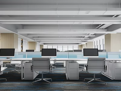 Modern Open Public Office Space With Office Desks Computer Monitors And Ergonomic Chairs 3d model