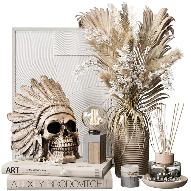 Bohemian Decorative Ornament Set With Indian Headdress Skull Table Lamp Dried Flowers And Reed Diffuser 3d model 