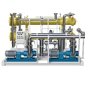 Industrial Equipment System With Yellow Pipes Blue Pumps Control Panel And Metal Frame