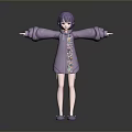 Woman With Purple Hair In Purple Hoodie Embroidered Patterns Arms Outstretched Purple Shoes Gray Background