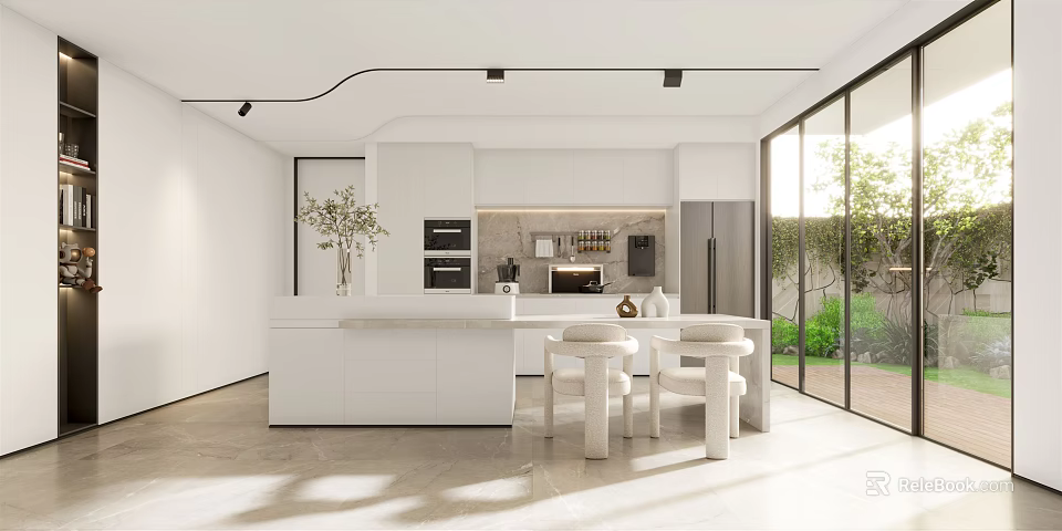 Modern Restaurant Open Kitchen Interior With Island Counter Cabinets And Natural Light 3d model 