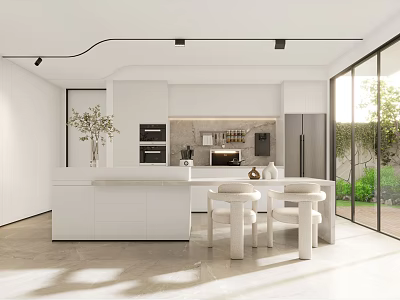 Modern Restaurant Open Kitchen Interior With Island Counter Cabinets And Natural Light 3d model