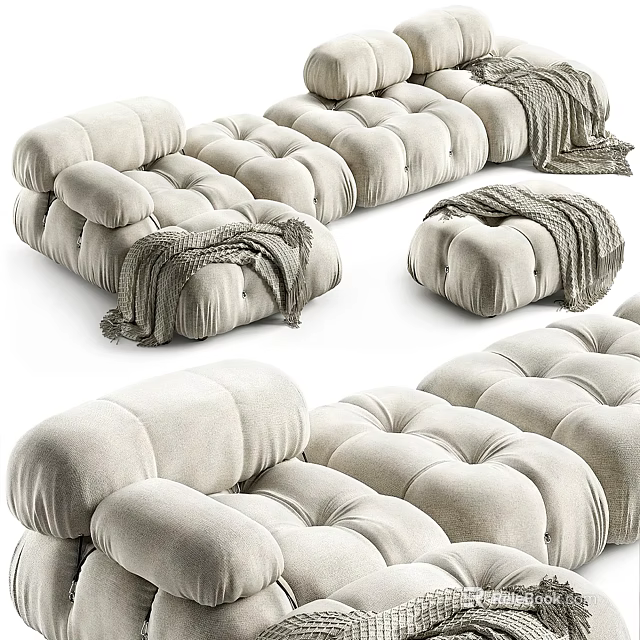 Modern Light Gray Sectional Sofa With Tufted Cushions And Cozy Throw Blanket 3d model 