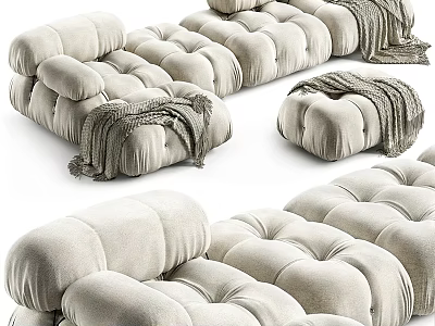 Modern Light Gray Sectional Sofa With Tufted Cushions And Cozy Throw Blanket 3d model