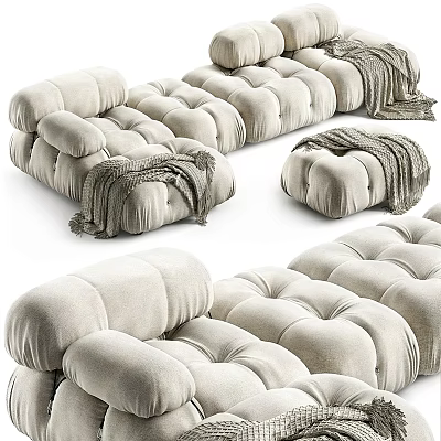 Modern Light Gray Sectional Sofa With Tufted Cushions And Cozy Throw Blanket 3d model