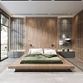 Modern Bedroom Interior With Large Windows Wooden Wall Platform Bed Green Blanket And White Pillows