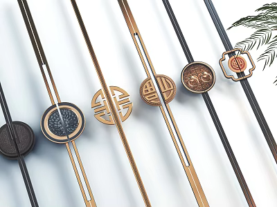 Modern Decorative Handles With Brass And Black Metal Circular Engraved Patterns For Furniture 3d model