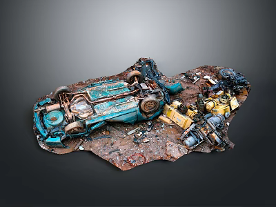 Blue Car Wreckage With Scattered Mechanical Parts On Dark Background 3d model