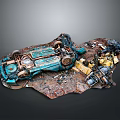 Blue Car Wreckage With Scattered Mechanical Parts On Dark Background
