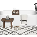 White Freestanding Bathtub With Black Faucet Wooden Stool Towel Tray Geometric Rug And Slippers