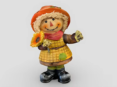 Scarecrow Doll In Orange Hat With Fur Trim Pink Scarf Yellow Plaid Outfit And Sunflower 3d model