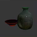 Decorative Ceramic Clay Vase And Red Blue Small Bowl On Dark Glossy Surface