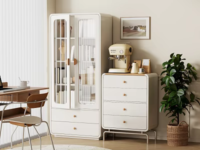 Cozy Study Room Interior With White Glass Door Cabinet Wooden Desk Chair And Potted Plant 3d model