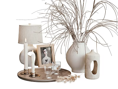 Elegant Decorative Ornament Set With Tray Table Lamp Candles Photo Frame And Ceramic Vase 3d model