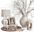 Elegant Decorative Ornament Set With Tray Table Lamp Candles Photo Frame And Ceramic Vase