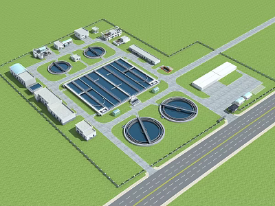 Industrial Plant Layout With Circular Tanks Rectangular Buildings Road And Green Area 3d model