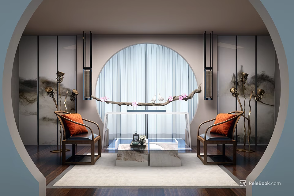 Chinese Style Sofa And Marble Coffee Table Set With Round Window And Orange Cushions 3d model 