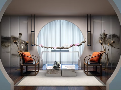 Chinese Style Sofa And Marble Coffee Table Set With Round Window And Orange Cushions 3d model