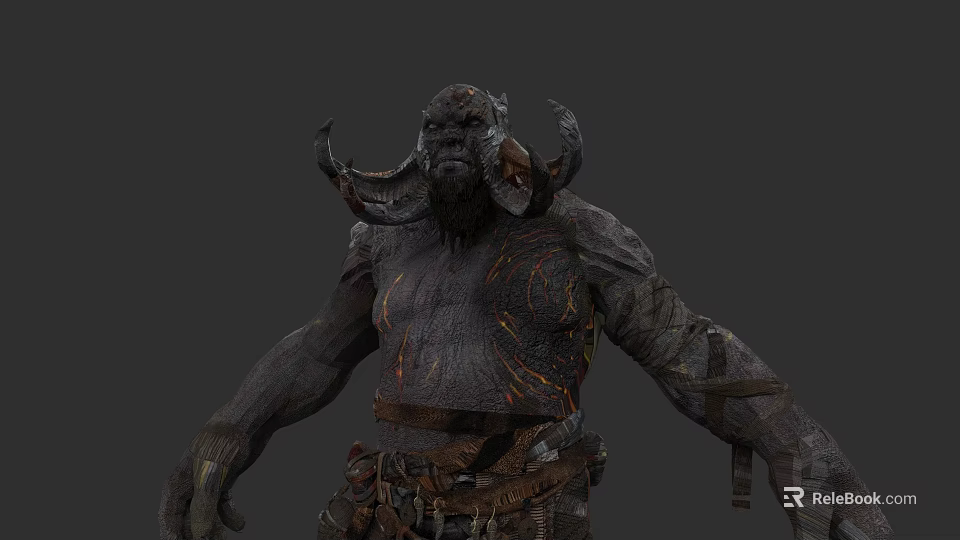 Horned Game Movie Character With Rough Skin And Runic Tattoos In Tattered Attire 3d model 