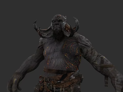 Horned Game Movie Character With Rough Skin And Runic Tattoos In Tattered Attire 3d model