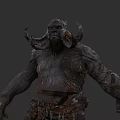 Horned Game Movie Character With Rough Skin And Runic Tattoos In Tattered Attire