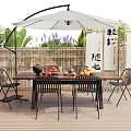 Outdoor Dining Table Set With Chairs White Umbrella Natural Plants And Bamboo Decor