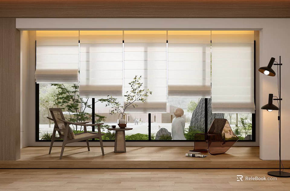 White Window Blinds In Modern Interior Room With Wooden Furniture And Green Plants 3d model 