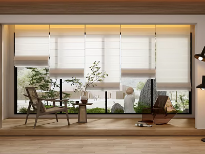 White Window Blinds In Modern Interior Room With Wooden Furniture And Green Plants 3d model