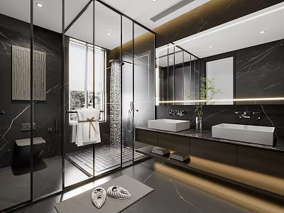 Modern Bathroom Interior Design With Black Marble Glass Shower Enclosure Double Sinks And Mirror 3d model