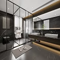 Modern Bathroom Interior Design With Black Marble Glass Shower Enclosure Double Sinks And Mirror