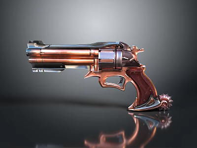 Ornate Copper And Silver Revolver With Wooden Grip And Reflective Surface Design 3d model