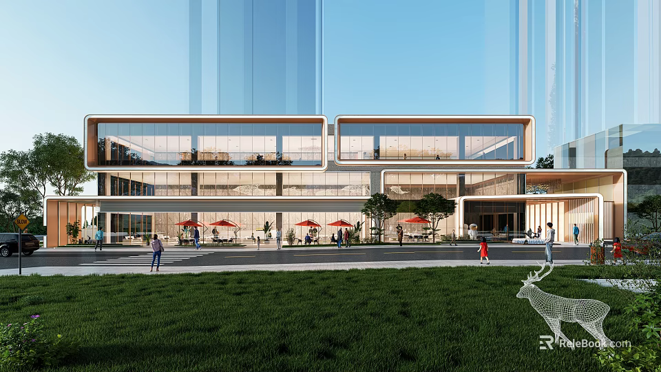Modern Sales Office Building With Glass Curtain Walls Green Lawn And Pedestrians 3d model 