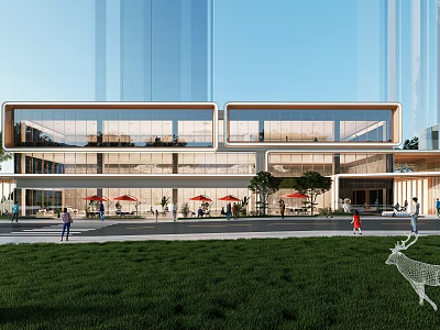 Modern Sales Office Building With Glass Curtain Walls Green Lawn And Pedestrians 3d model